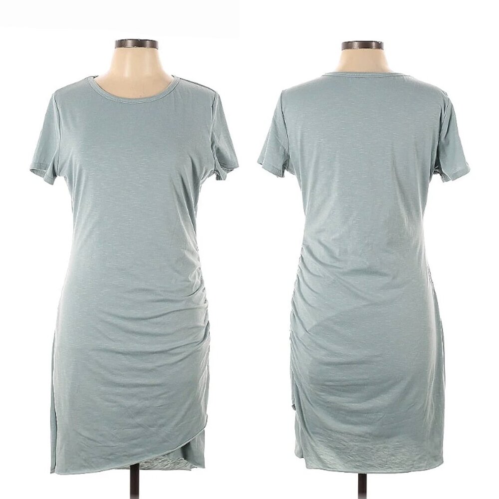 BTFMB Womens Size L Green/Gray Ruched Side Round Neck Short Sleeve Dress